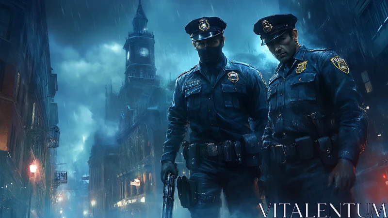 Midnight tactical officers in cinematic rain-soaked cityscape.