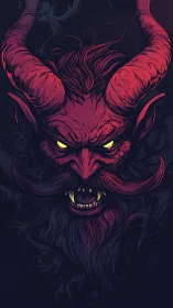 Demonic horned portrait with fanged maw in neon red tones