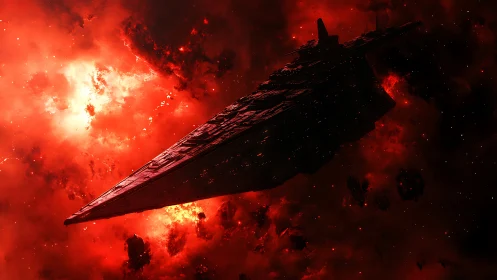 Large wedge-shaped spacecraft in dense red nebula field.