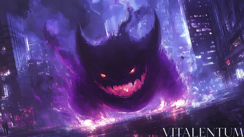 Neon spectral beast dominates rain-soaked cyber cityscape.