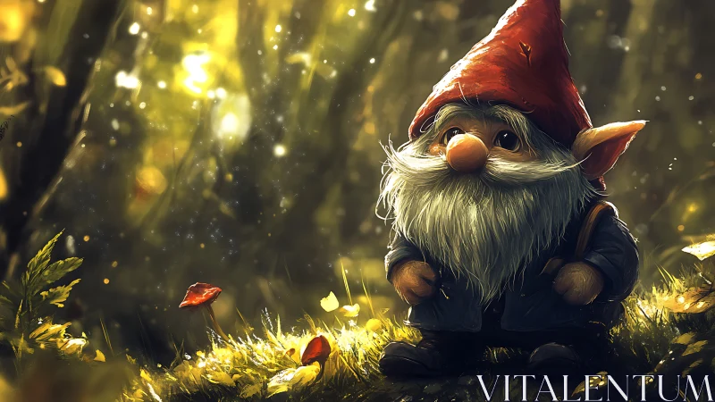 Forest gnome stands in glowing woodland clearing at dusk
