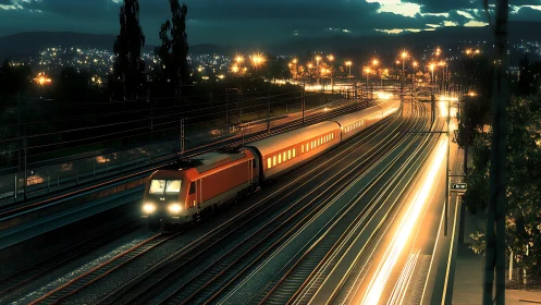 Cozy night train gliding through a city of glowing lights.
