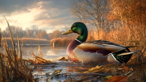 Mallard gliding through golden reeds at quiet autumn dusk.