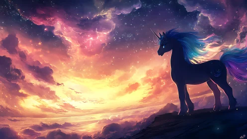 Starlit unicorn silhouette before blazing nebula sky.