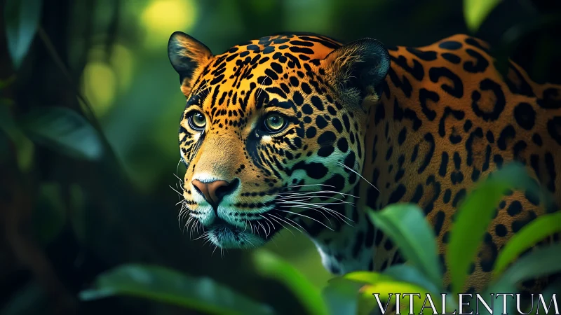 Photorealistic jaguar portrait within dense rainforest foliage.