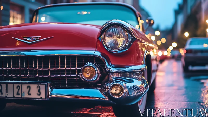 Photorealistic close-up of red classic Cadillac at dusk.