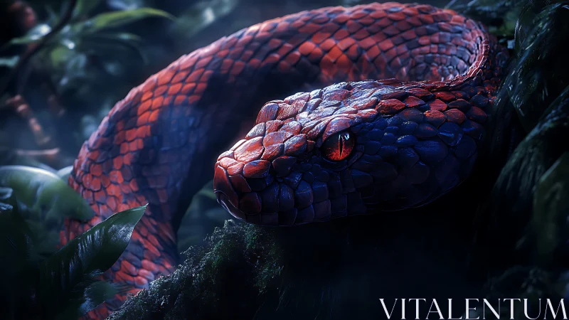 Crimson eclipse serpent coils in misty bioluminescent jungle.