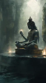 Serene blue-skinned deity statue in misty temple pool.