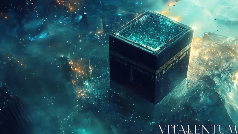 Futuristic luminous cube shrine above stormy celestial city.