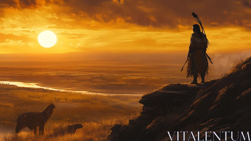 Human figure on plateau at sunset observing wide plains.