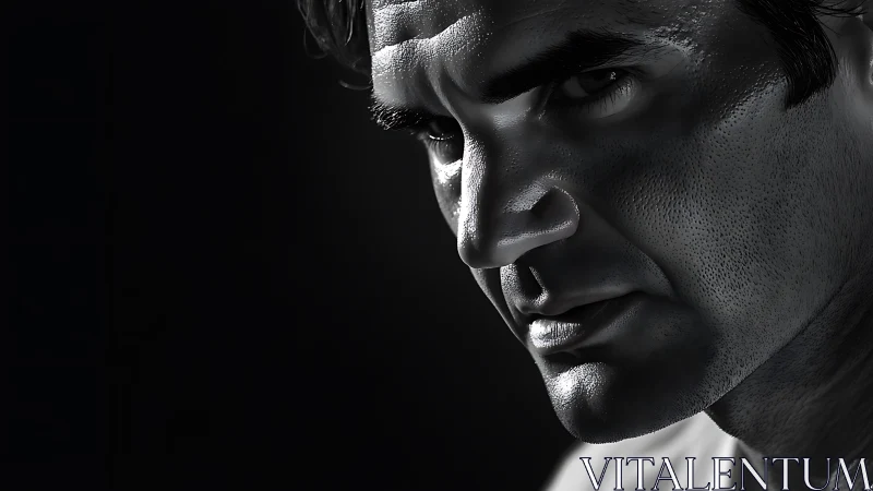 Focused shadows trace a determined face in close-up portrait.