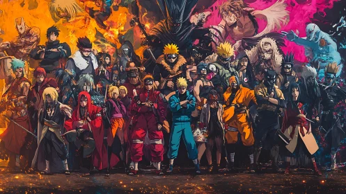 Anime ensemble battle tableau in high-contrast digital painting.