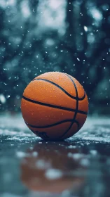 Wet basketball on outdoor court during falling snow.