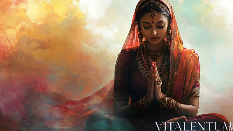 Meditative Indian woman in ornate sari against abstract aurora