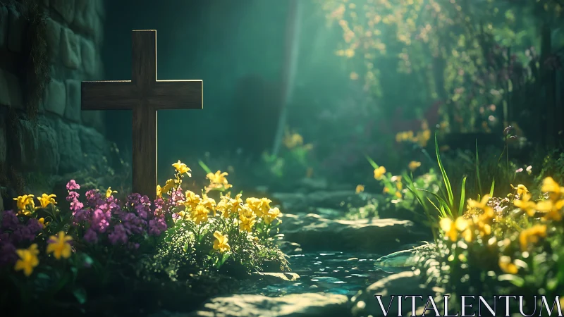 Wooden cross in sunlit garden stream with blooming flowers.