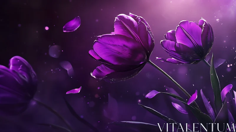 Purple Tulips with Falling Petals in Luminous Glow.