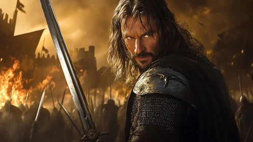 Cinematic medieval swordsman amid incendiary siege chaos.