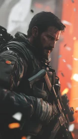 Battle-hardened sentinel stalks through embers and drifting ash