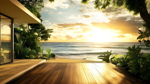 Modern tropical deck overlooking sunlit ocean horizon at dawn