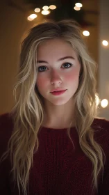 Soft portrait of blonde woman in red sweater, warm lights.