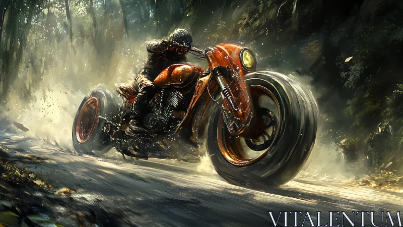 Futuristic motorcycle rider storms through a misty forest road