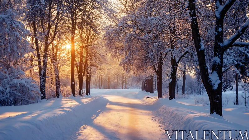 Winter sunrise spells gold across a snowy woodland road.