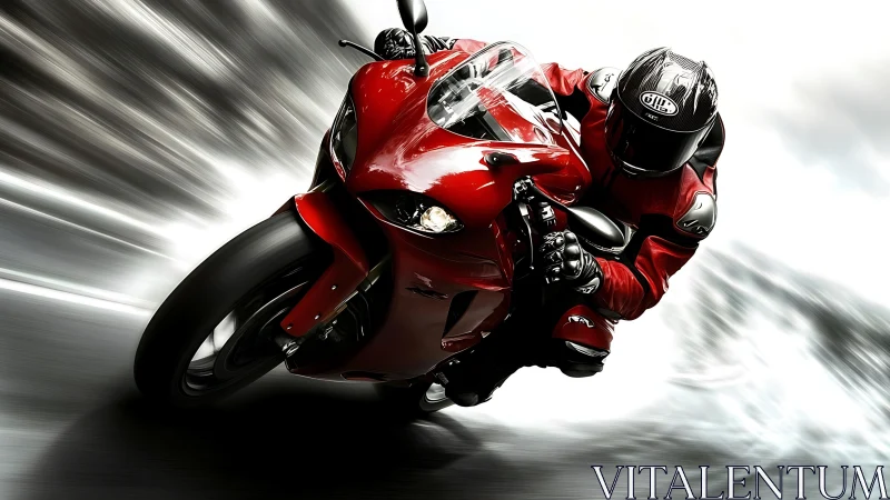Red sportbike slicing through a blur of speed and light.