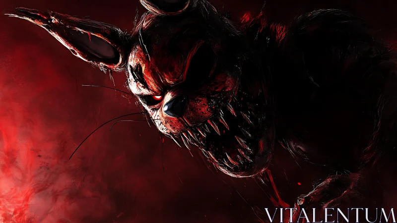 Monochrome red horror rabbit animatronic with serrated fangs emerges