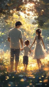 Three souls walk together through sunlit meadow's glowing embrace