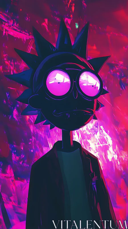 Stylized spiky-haired cartoon figure under neon magenta light