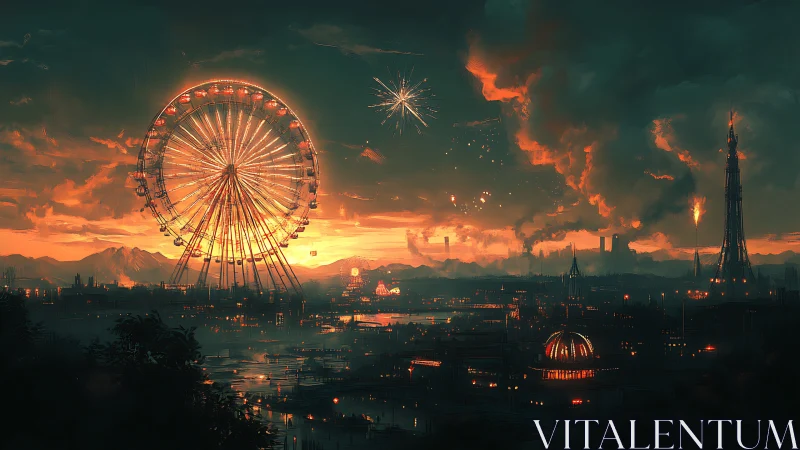 Nocturnal ferris wheel skyline in industrial sunset panorama.