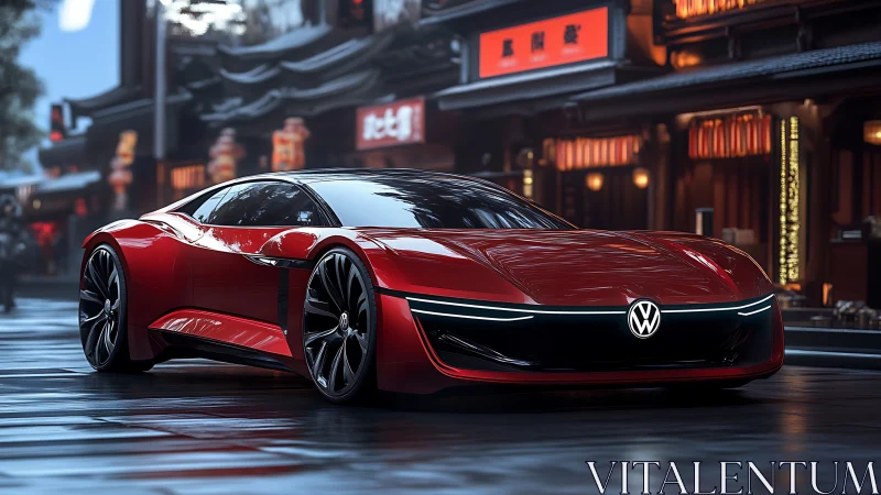 Aerodynamic Volkswagen EV concept in neon-lit urban streetscape.