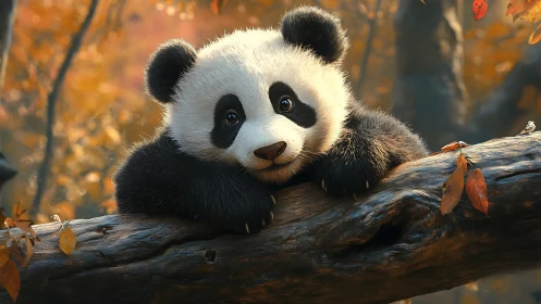 Juvenile giant panda resting on log in autumn forest setting.
