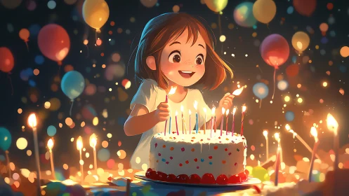 Young Girl Joyfully Lighting Birthday Cake Candles at Celebration.