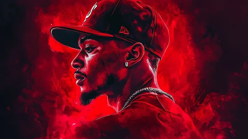 Crimson city beats portrait wrapped in electric night glow.