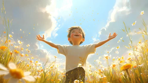 Joyful child welcomes sunlight in glowing wildflower meadow.