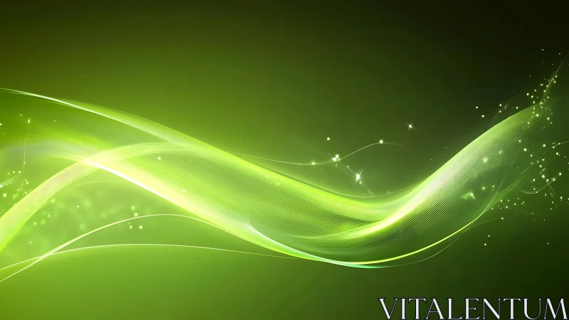 Abstract green light waves with glowing particles on dark background.