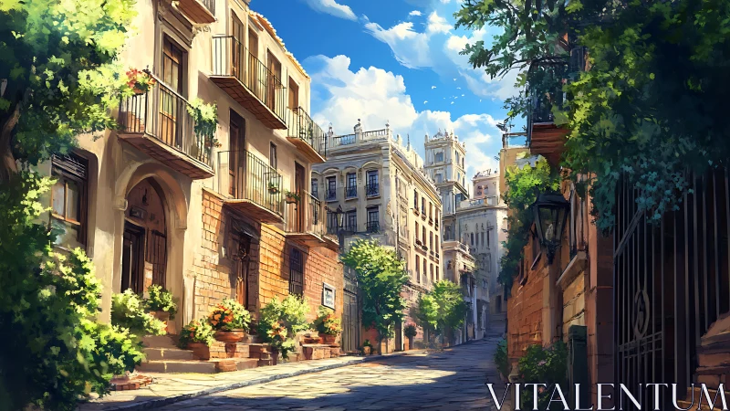 Sunlit Mediterranean street frames warm stone facades.