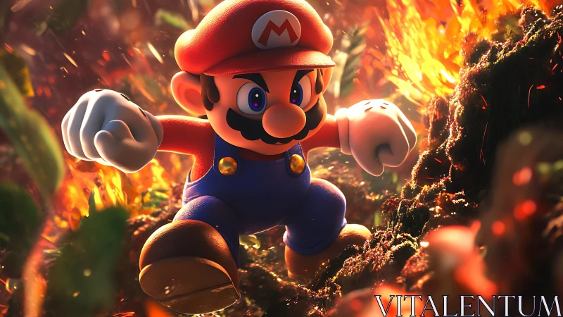 Heroic mustached plumber charging through fiery embers.