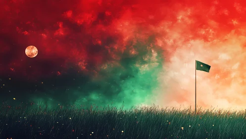 Chromatic dusk field with lone star flag under stratified sky.