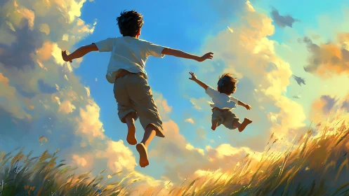 Two children soar joyfully through golden clouds in boundless freedom