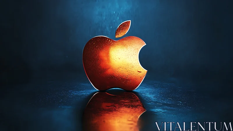 Glowing orange apple emblem shining in a cool blue glow.