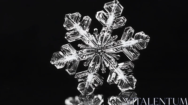 Single snowflake crystal is isolated on a uniform black background