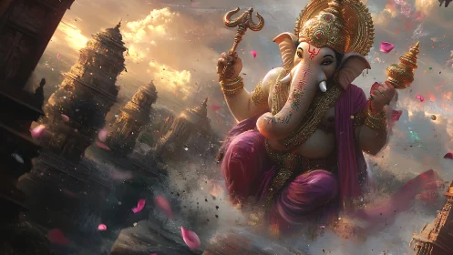 Radiant skyborne Ganesha swirling above golden temples.