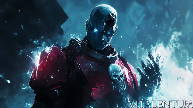 Armored humanoid figure amid blue energy field stands motionless