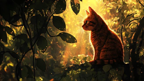 Golden forest light surrounds solitary contemplative cat.