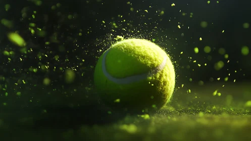 Tennis ball shatters green dust in mid-bounce spotlight