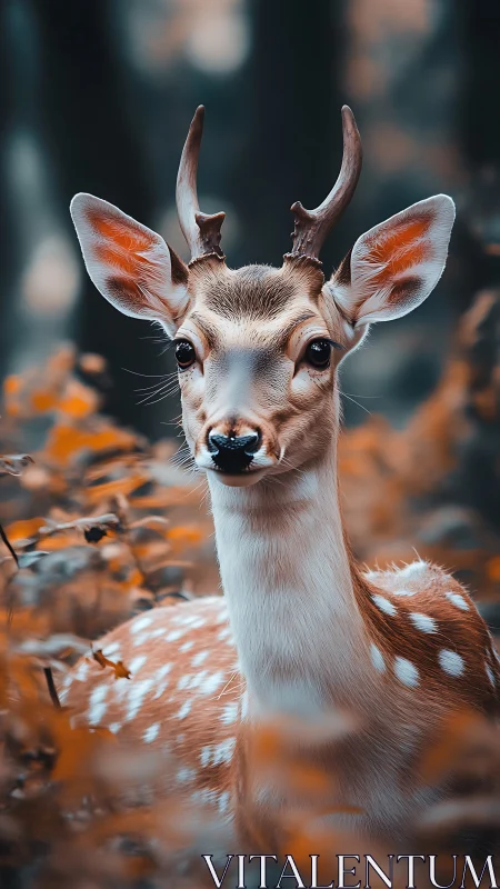Spotted young deer standing alert in soft forest foliage.