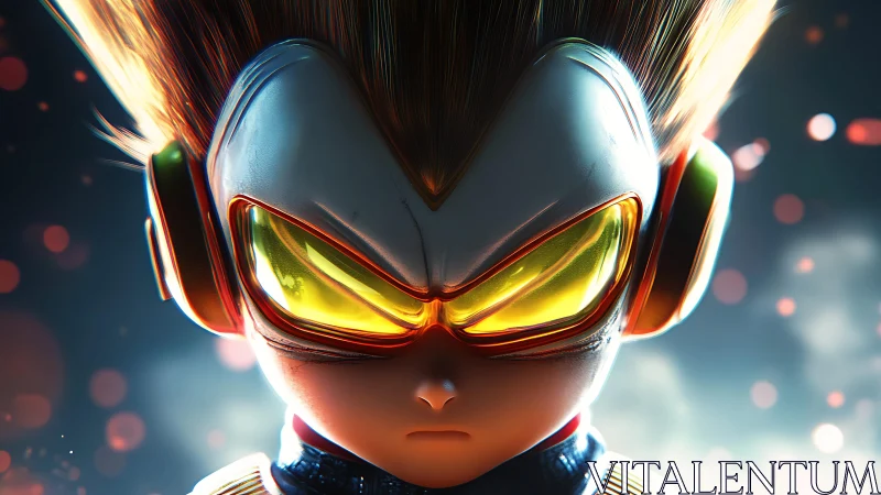 Neon-eyed chibi warrior ignites with cosmic battle focus.