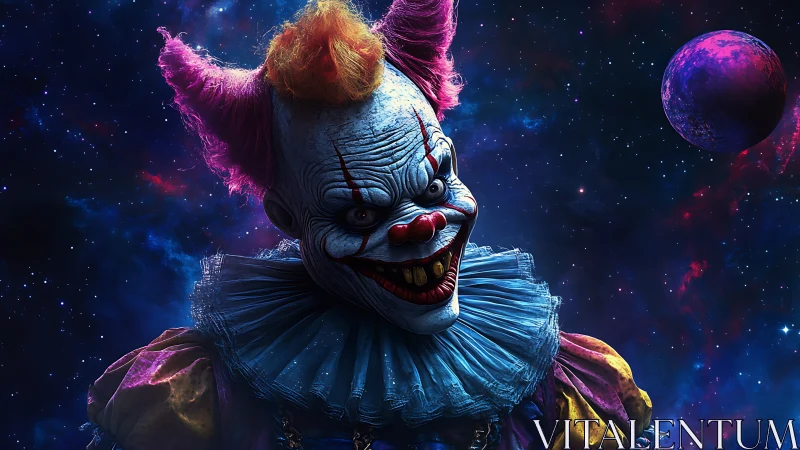 Sinister clown figure floats in vivid outer space scene